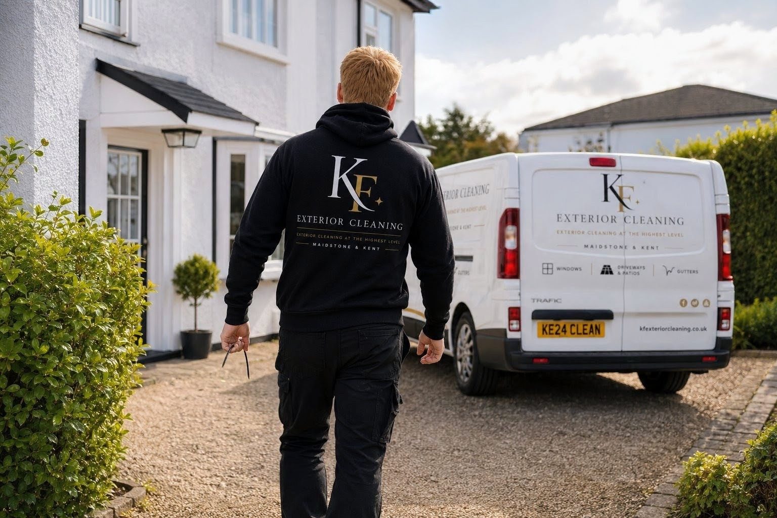 Kieron from KF Exterior Cleaning arriving at a property